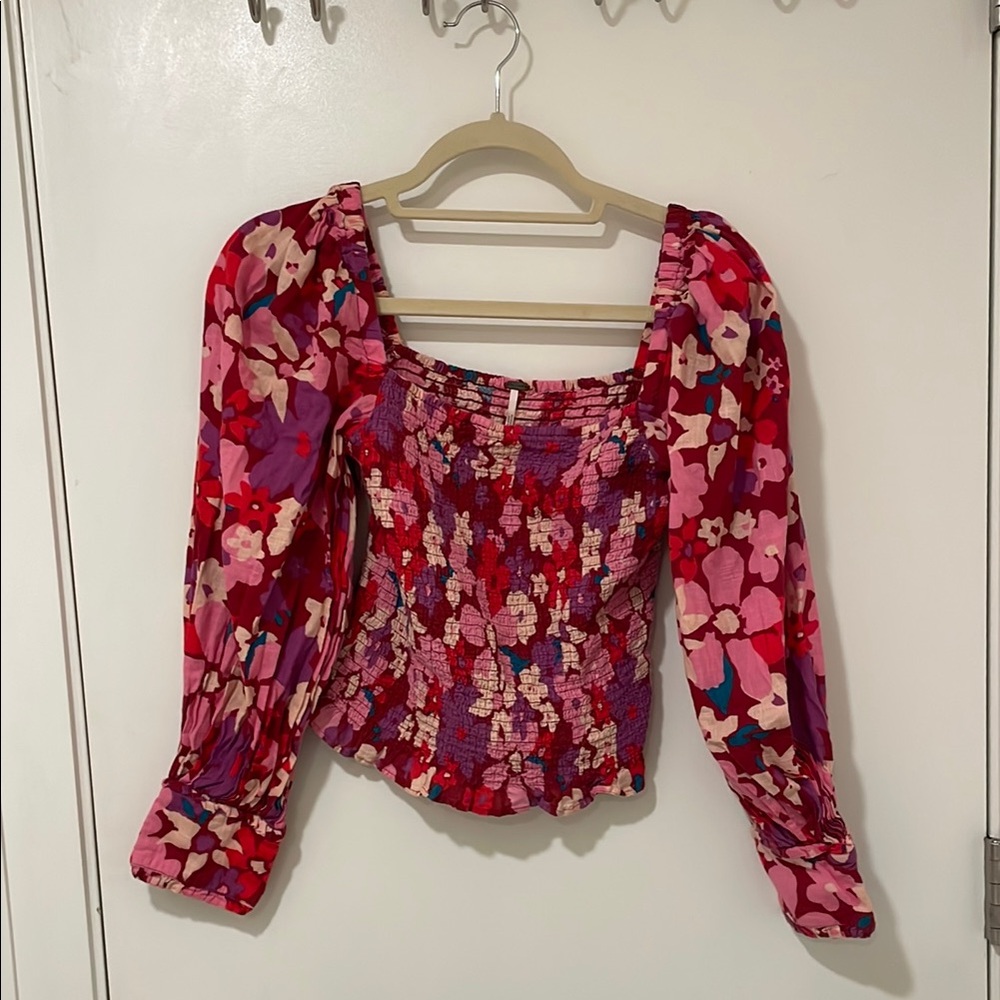 Free People Pink and Red Puff Sleeve Smocked Blouse
